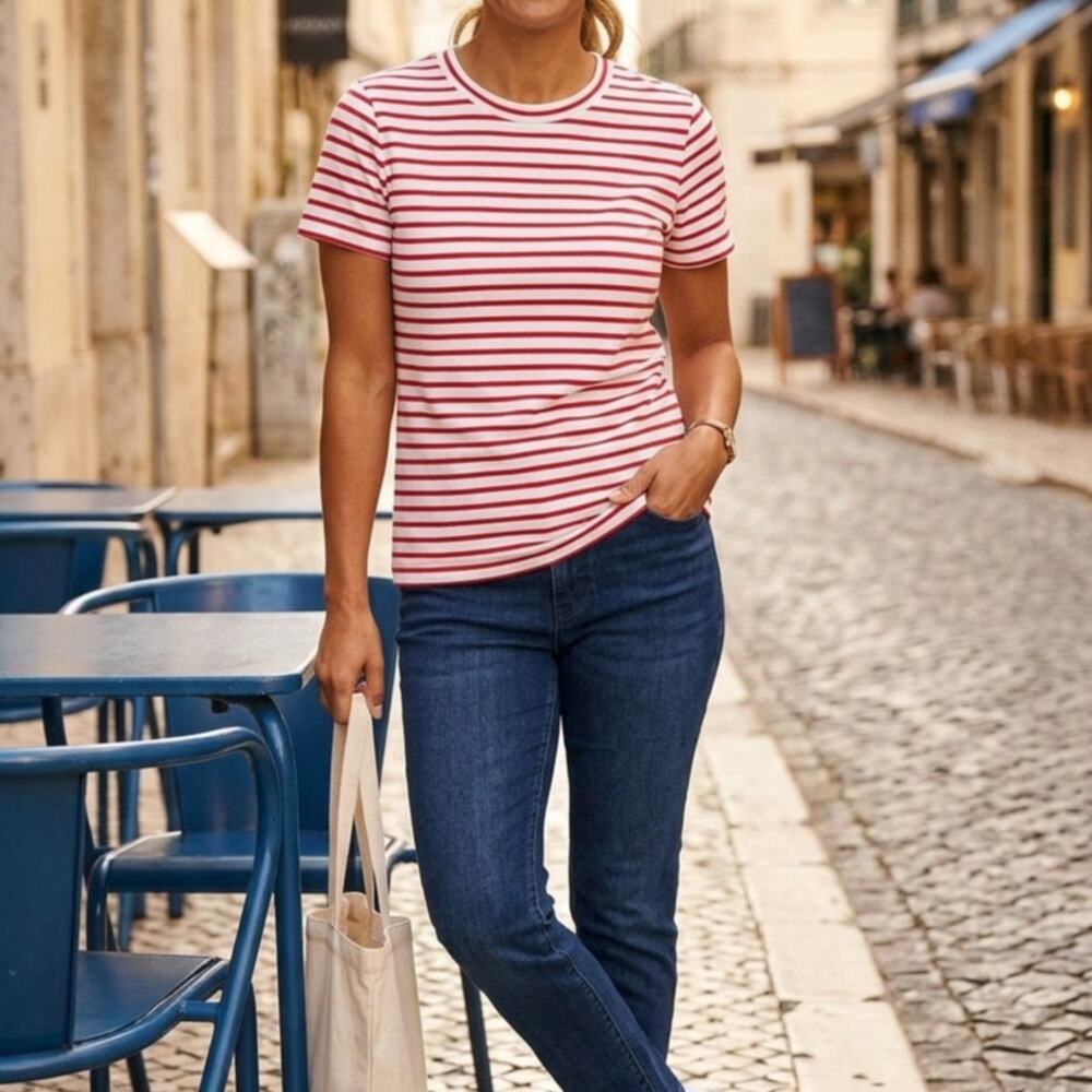 SPANX Crewneck Tee Women’s L Red White Striped Cotton Relaxed Preppy NWT